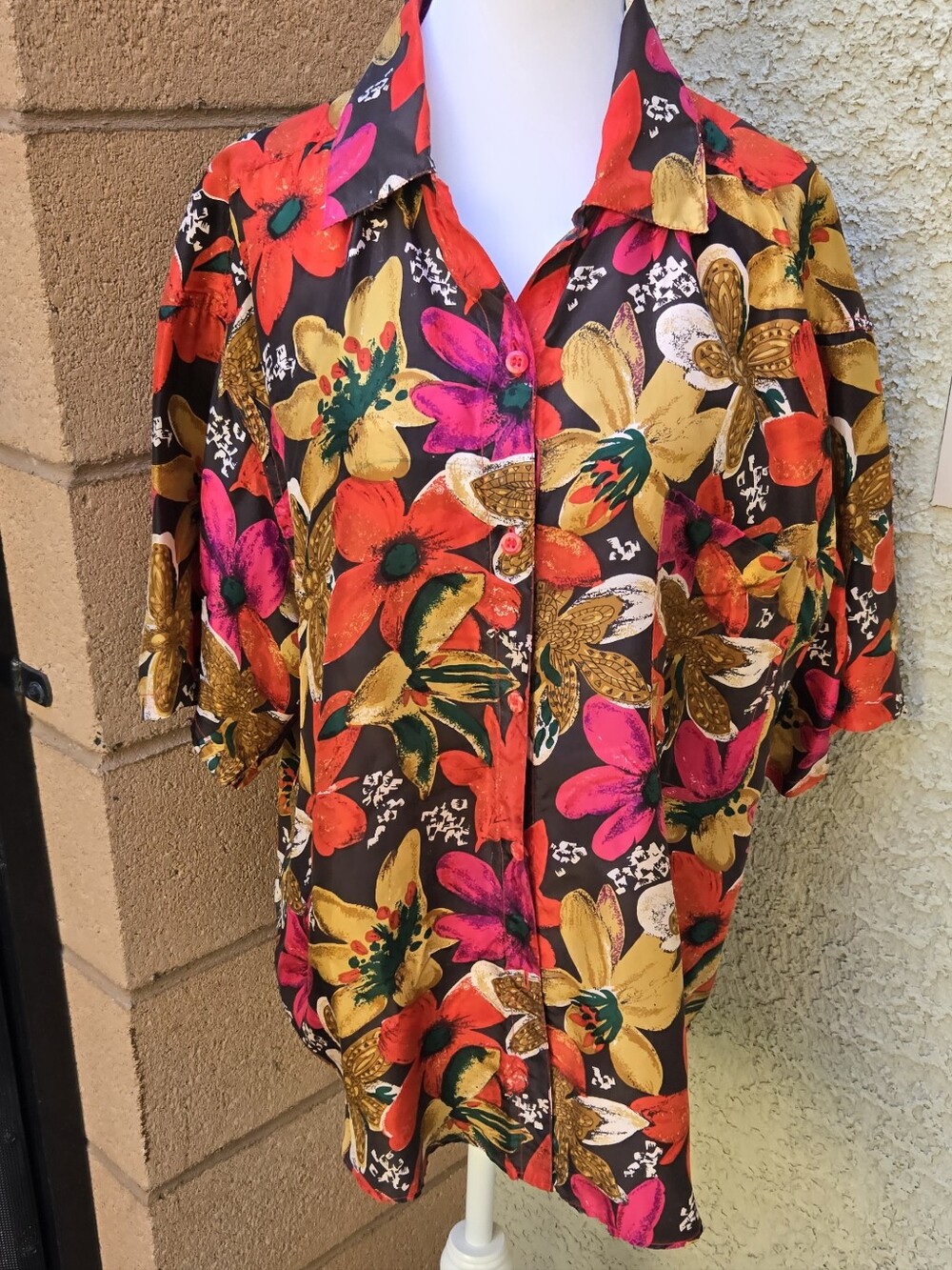 Jane Ashley Vintage Silk Button-Front Top with Pink, Red & Gold Floral Print